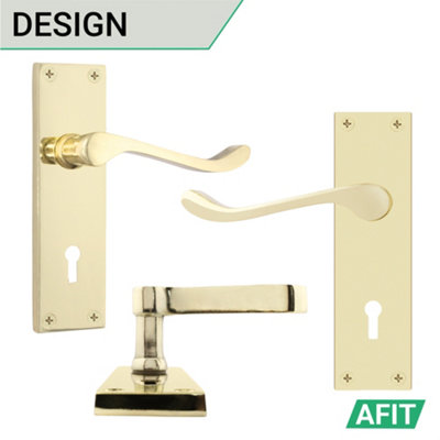 AFIT Brass Scroll Door Handles with Lock, 1 Pair Internal Victorian Scroll Backplate Handles, Sashlock 64mm and Hinges