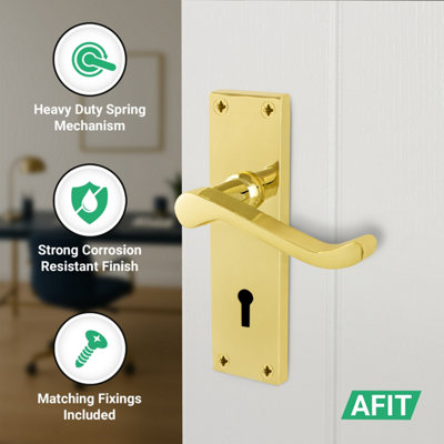 AFIT Brass Scroll Door Handles with Lock, 1 Pair Internal Victorian Scroll Backplate Handles, Sashlock 64mm and Hinges