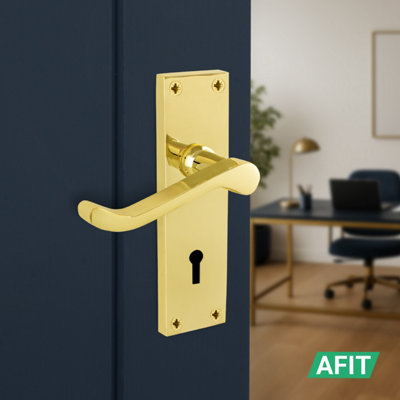 AFIT Brass Scroll Door Handles with Lock, 1 Pair Internal Victorian Scroll Backplate Handles, Sashlock 64mm and Hinges