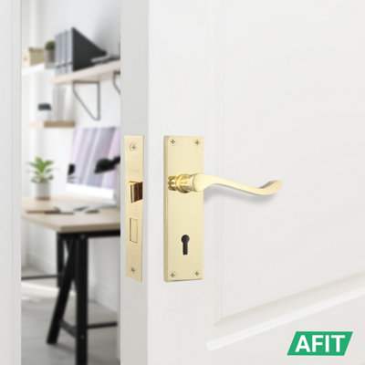 AFIT Brass Scroll Door Handles with Lock, 1 Pair Internal Victorian Scroll Backplate Handles, Sashlock 64mm and Hinges