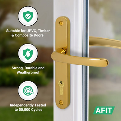 AFIT Brass UPVC Door Handles, Composite Front Door Handles, 92mm PZ Centre, 210 mm Screw to Screw, 242x34mm Backplate