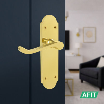 AFIT Brass Victorian Door Handles Latch, 1 Pair of Internal Polished Brass Victorian Scroll Shaped Backplate Handles