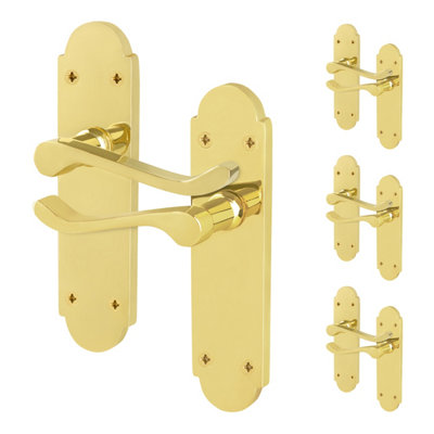 AFIT Brass Victorian Door Handles Latch, 4 Pairs of Internal Polished Brass Victorian Scroll Shaped Backplate Handles