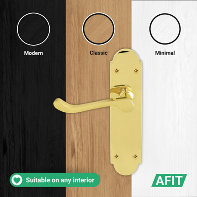 AFIT Brass Victorian Door Handles Latch, 4 Pairs of Internal Polished Brass Victorian Scroll Shaped Backplate Handles