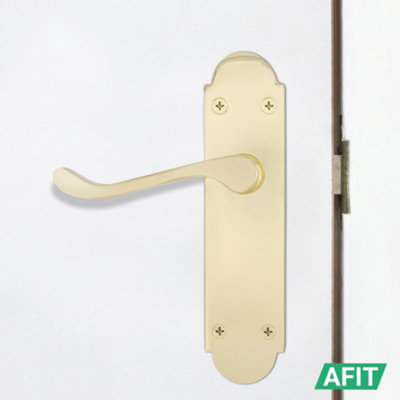 AFIT Brass Victorian Door Handles Latch, 4 Pairs of Internal Polished Brass Victorian Scroll Shaped Backplate Handles