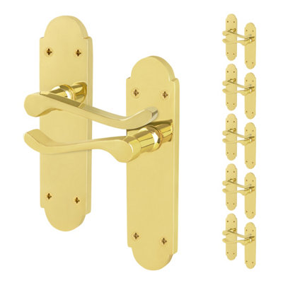 AFIT Brass Victorian Door Handles Latch, 6 Pairs of Internal Polished Brass Victorian Scroll Shaped Backplate Handles