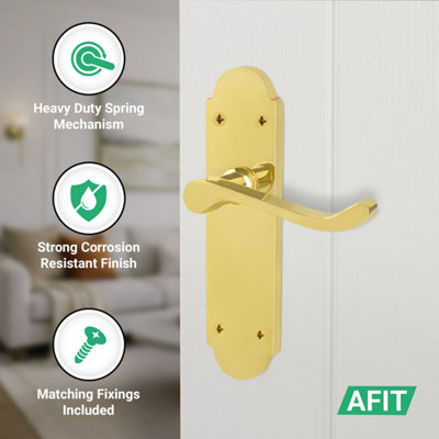 AFIT Brass Victorian Door Handles Latch, 6 Pairs of Internal Polished Brass Victorian Scroll Shaped Backplate Handles