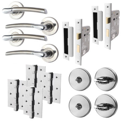 AFIT Chrome Bathroom Door Handle Satin Nickel Lever - Pack of 2 - for Internal Doors With 64mm Lock & 76mm Hinges - Boston Range