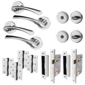 AFIT Chrome Bathroom Door Handle Set, Pack of 2 Turn & Release Set, Lock & Hinges 76mm - Novi Range