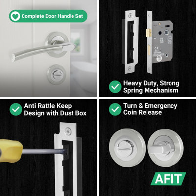 AFIT Chrome Bathroom Door Handle With Satin Nickel Lever for Internal Doors With 64mm Bathroom Lock Boston Range