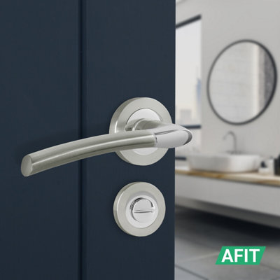 AFIT Chrome Bathroom Door Handle With Satin Nickel Lever for Internal Doors With 64mm Bathroom Lock Boston Range