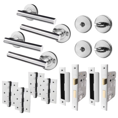 AFIT Chrome Bathroom Door Handles Round Rose with Turn Release and WC Lock and Hinges T-Bar 2 Pair Olvera Range Price Comparisons | Compare The Build