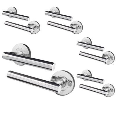 AFIT Chrome Door Handle - 5 Pairs Lever on Rose Round T-Bar  Handles- Olvera Range - Polished Chrome