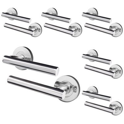 AFIT Chrome Door Handle - 6 Pairs Lever on Rose Round T-Bar Handles- Olvera Range - Polished Chrome
