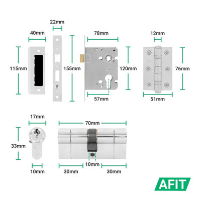 AFIT Chrome Door Handle Euro Lock with Double Cylinder, Hinges, 1 Pair ...