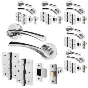 AFIT Chrome Door Handle Latch Set Round Door Handles, Latch 66mm, Hinges 76mm Pack of 6 - Novi Range
