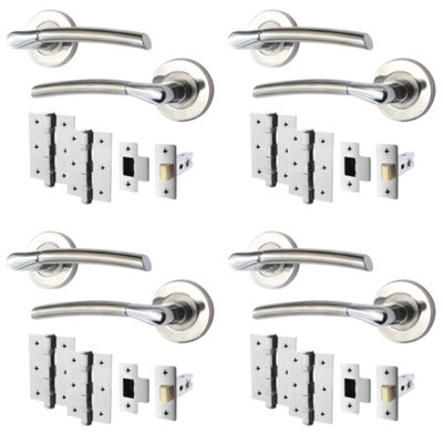 AFIT Chrome Door Handle With Satin Nickel Feature Lever for Internal Doors - Pack 4 - With 64mm Latch & 76mm Hinges - Boston Range