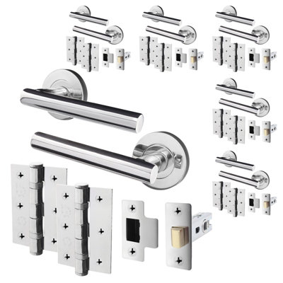 AFIT Chrome Door Handles Round Rose with Latch and Hinges T-Bar 6 Pair Olvera Range Price Comparisons | Compare The Build