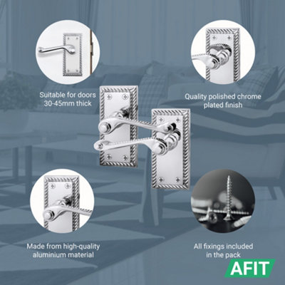 AFIT Chrome Georgian Door Handle on Backplate Latch Set Rope Edge for Internal Doors  PACK of 4 Polished