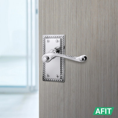 AFIT Chrome Georgian Door Handle on Backplate Latch Set Rope Edge for Internal Doors  PACK of 4 Polished