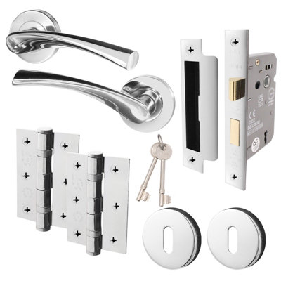 AFIT Chrome Key Lock Door Handle Set, Handles, Sash Lock, Hinges 76mm & 2 Escutcheons - Novi Range