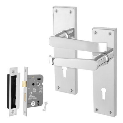 AFIT Chrome Lock Door Handles Set, 1 Pair Internal Victorian Straight Polished Chrome Backplate Handles, Sashlock 64mm