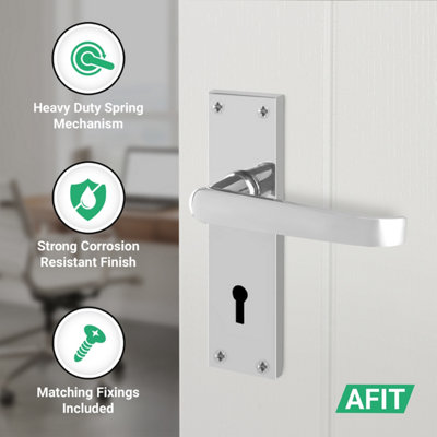 AFIT Chrome Lock Door Handles Set, 1 Pair Internal Victorian Straight Polished Chrome Backplate Handles, Sashlock 64mm