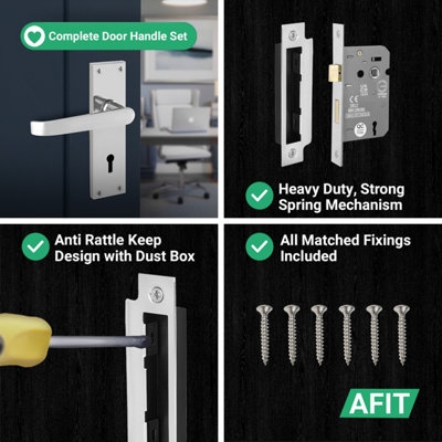 AFIT Chrome Lock Door Handles Set, 1 Pair Internal Victorian Straight Polished Chrome Backplate Handles, Sashlock 64mm