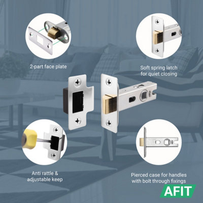 AFIT Chrome Tubular Door Latch for Internal Doors - 3 Inch / 76mm - Pack of 2 Polished Chrome Tubular Mortice Latches