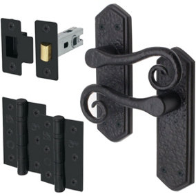 AFIT Curly Black Antique Door Handle on Backplate Latch Kit / Pack - 66mm Latch 76mm Hinges