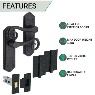 AFIT Curly Black Antique Door Handle on Backplate Latch Kit / Pack - 66mm Latch 76mm Hinges