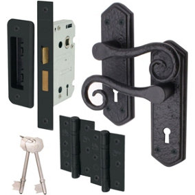 AFIT Curly Black Antique Door Handle on Backplate Sashlock Kit / Pack - 65mm Lock 76mm Hinges