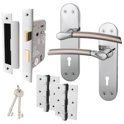 AFIT Door Handle Key Lock Set - Duo Finish - 1 Pair Satin Nickel & Polished Chrome Internal Handles with Lock 64mm & Hinges 76mm
