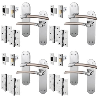 AFIT Door Handle Latch Set - Duo Finish - 4 Pairs Satin Nickel & Polished Chrome Internal Handles with Latch 64mm & Hinges 76mm