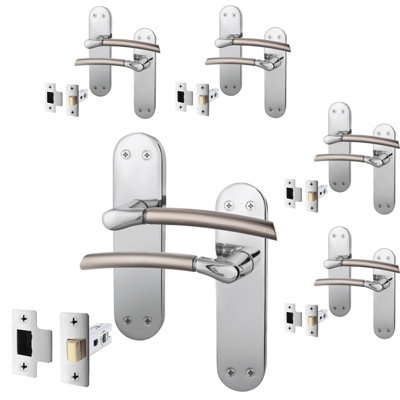 AFIT Door Handle & Latch Set - Duo Finish - 5 Pairs Satin Nickel & Polished Chrome Lever Latch Handle with Latch (64mm)