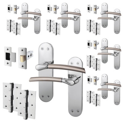 AFIT Door Handle Latch Set - Duo Finish - 6 Pairs Satin Nickel & Polished Chrome Internal Handles with Latch 64mm & Hinges 76mm
