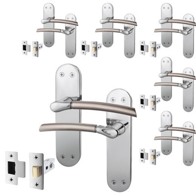 AFIT Door Handle + Latch Set - Duo Finish - 6 Pairs Satin Nickel & Polished Chrome Lever Latch Handle with Latch (64mm)