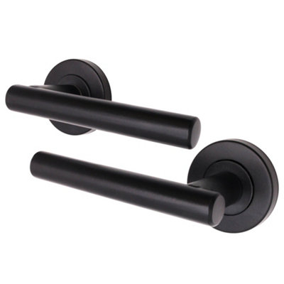 AFIT Door Handles Black - 1 Pair Matt Black Lever on Rose Round T-Bar Handles- Olvera Range