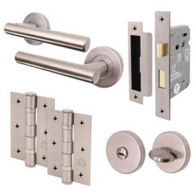 AFIT Door Handles Satin Nickel Bathroom Door Set Round T-Bar Internal Door Handles, Thumb Turn & Release Set, Lock & Hinges (76mm)