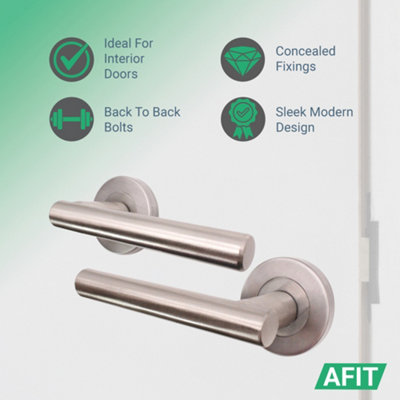 AFIT Door Handles Satin Nickel Key Lock Set Round T-Bar, Sash Lock, Hinges (76mm) & 2 Escutcheons Olvera