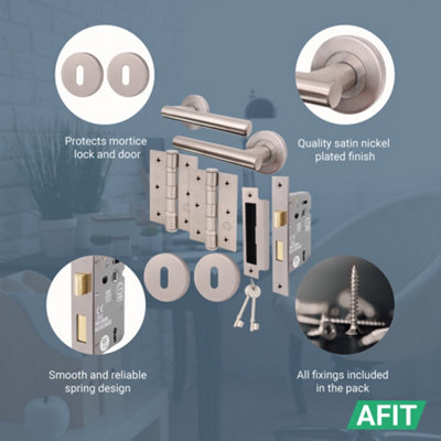 AFIT Door Handles Satin Nickel Key Lock Set Round T-Bar, Sash Lock, Hinges (76mm) & 2 Escutcheons Olvera