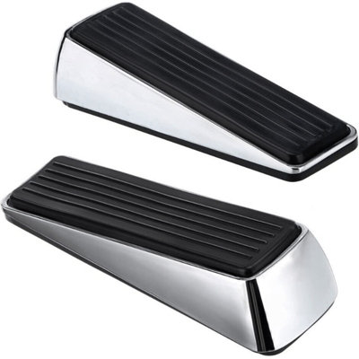 AFIT Door Wedge Polished Chrome Pack of 2 Metal Floor Foot Wedge Stop With Black Rubber Anti-Slip - 120x30x32mm