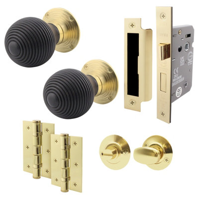 AFIT Ebony Wood Bathroom Door Knob Set  - 1 Pair of Mortice Knobs (55mm), Lock (80mm) & Hinges (76mm) for Internal Doors