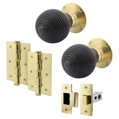 AFIT Ebony Wood Door Knob Set  - 1 Pair of Mortice Knobs (55mm), Latch (76mm) & Hinges (76mm) for Internal Doors
