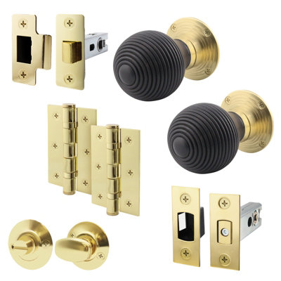 AFIT Ebony Wood Door Knob Set  - 1 Pair of Mortice Knobs (55mm), Latch & Deadbolt Kit (76mm), Hinges (76mm) & Turn & Release