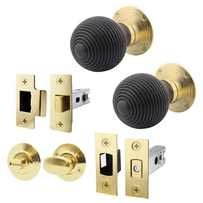 AFIT Ebony Wood Door Knob Set  - 1 Pair of Mortice Knobs (55mm), Latch & Deadbolt Kit (76mm) & Turn & Release for Internal Doors