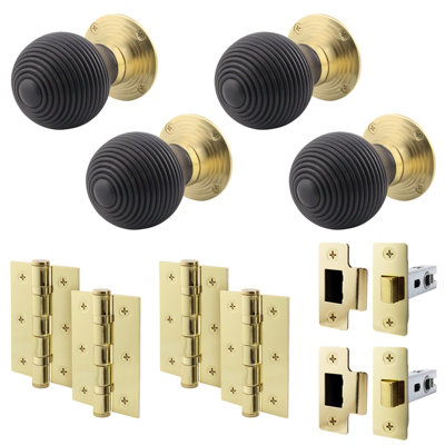 AFIT Ebony Wood Door Knob Set  - 2 Pairs of Mortice Knobs (55mm), Latch (76mm) & Hinges (76mm) for Internal Doors