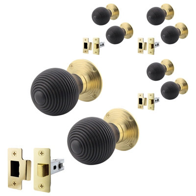 AFIT Ebony Wood Door Knob Set  - 4 Pairs of Mortice Knobs (55mm) & Latch (76mm) for Internal Doors