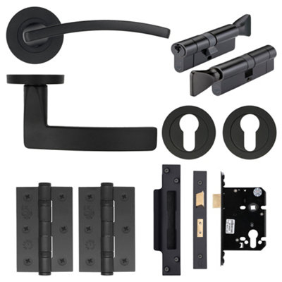 AFIT EuroTec-Plus Black Lever on Rose Door Handle Pack - 3 Lever Lock & Thumbturn Cylinder