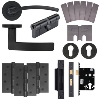AFIT EuroTec-Plus Black Lever on Rose Fire Door Handle Pack - Euro Lock & Cylinder - FD30/60